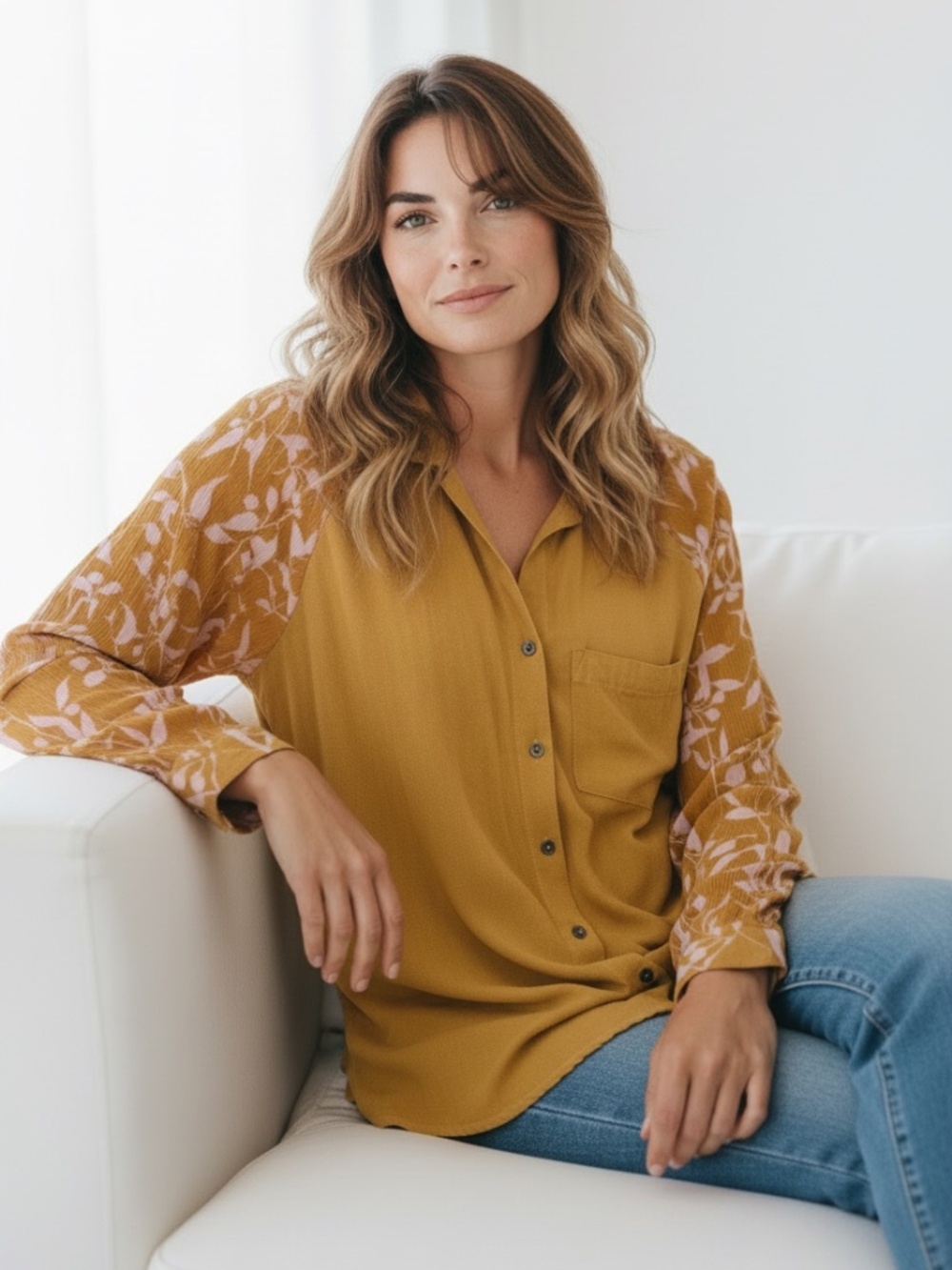 Umgee Button Front Top with Mixed Print Back and Sleeves in Goldenrod size xl